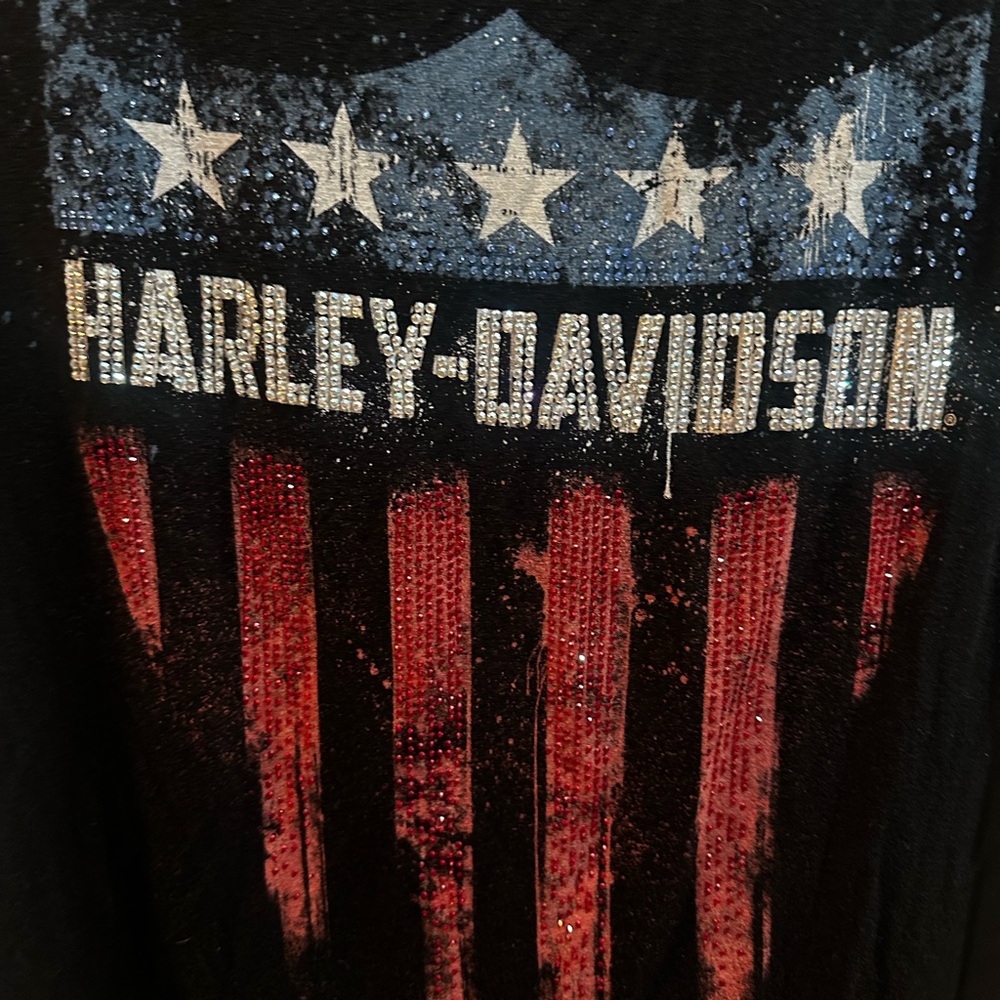 Harley Davidson Women Shield Of Freedom Black Tank Top Embellish Rhinestones XL - Picture 2 of 7